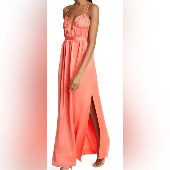 Ramy Brook Plunge Neck Satin Maxi Gown Ruched Sleeveless Coral Red Size 2 NWT - Picture 10 of 10